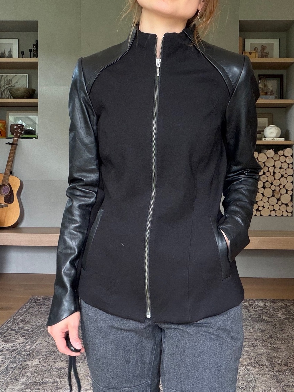 Danier Black Zip-Up Jacket with Leather Sleeves - Picture 3 of 13